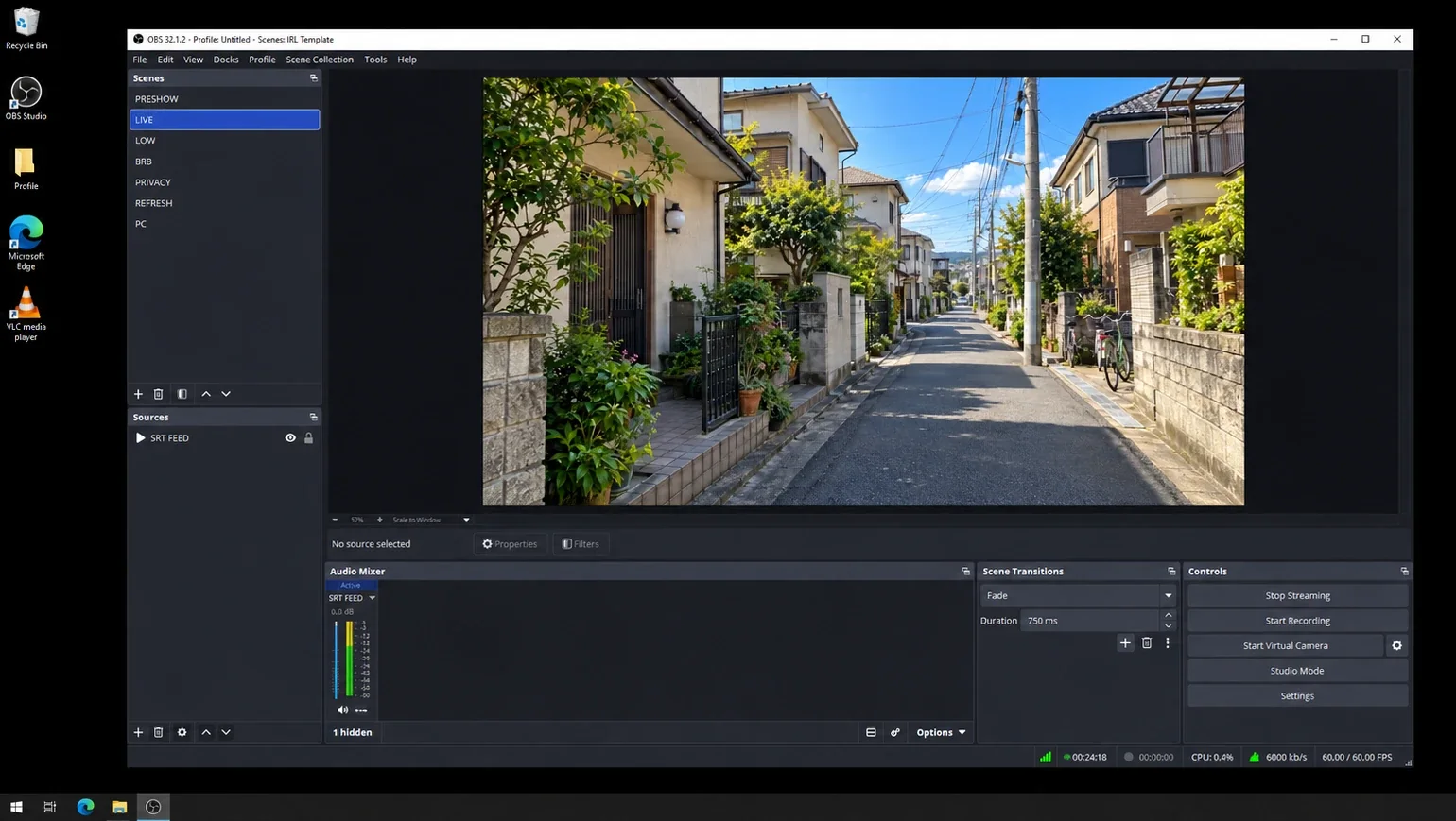 Remote desktop into a cloud server running OBS Studio 32: scenes PRESHOW, LIVE, LOW, BRB, PRIVACY and REFRESH, an SRT feed source, streaming for 24 minutes at 6000 kb/s and 60 fps