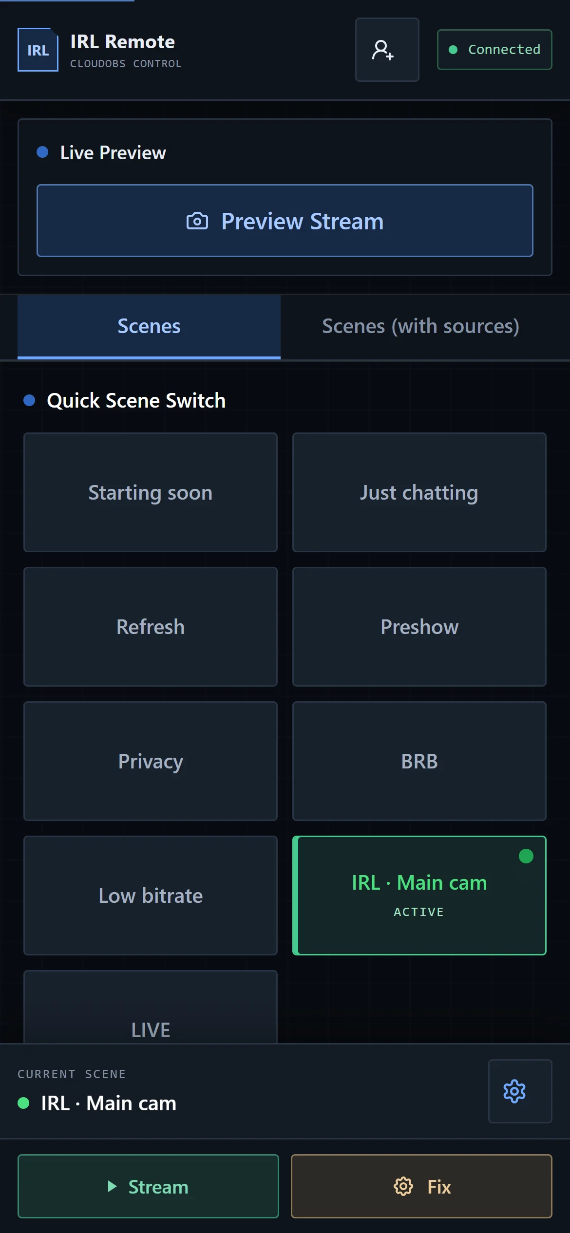 IRLremote on a phone with quick scene switching