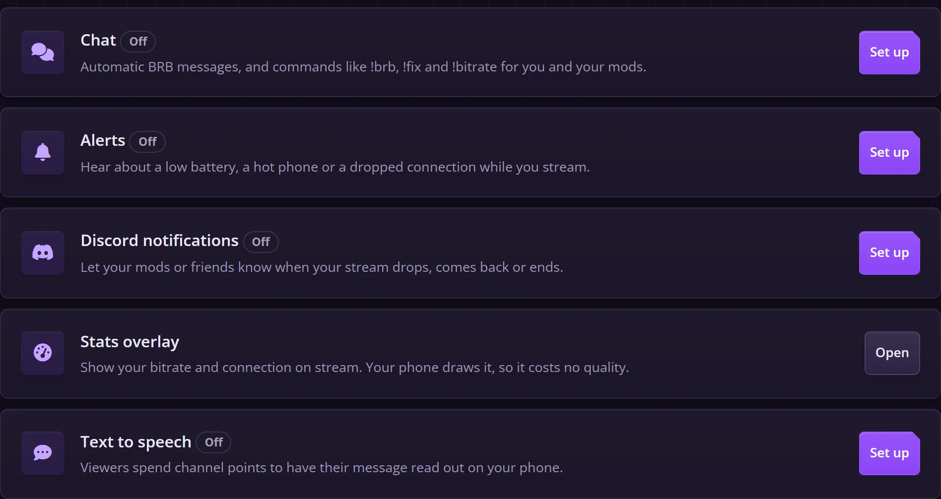 Extras: Chat, Alerts, Discord notifications, Stats overlay and Text to speech