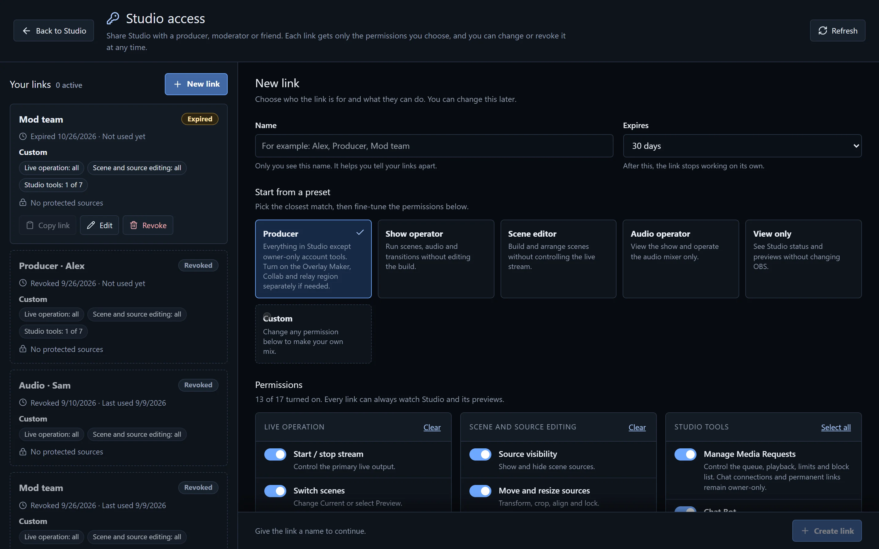 Studio access: shareable links with presets for producer, show operator, scene editor, audio operator and view only