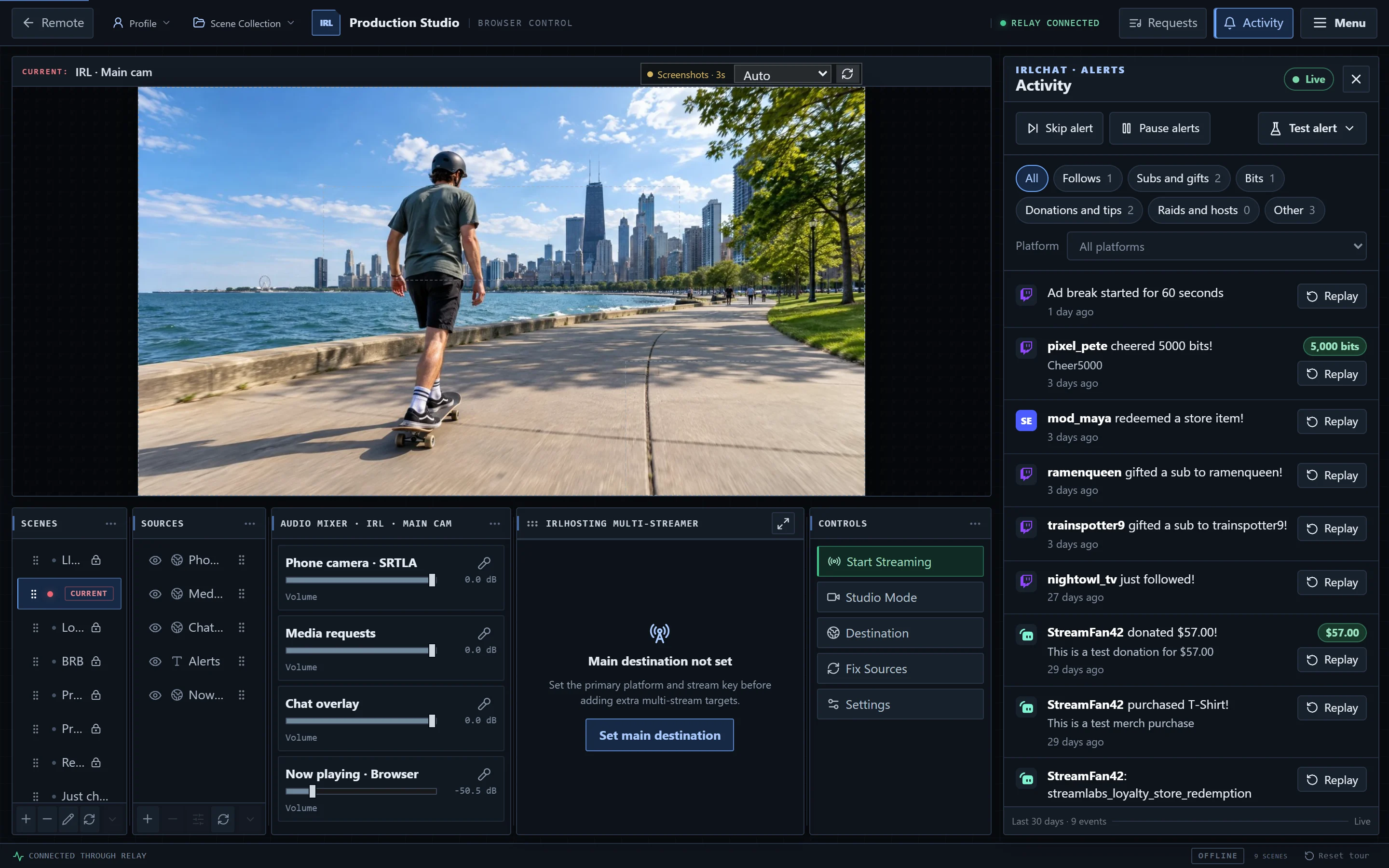 IRLstudio with the Activity rail open: follows, donations and chat events with replay buttons