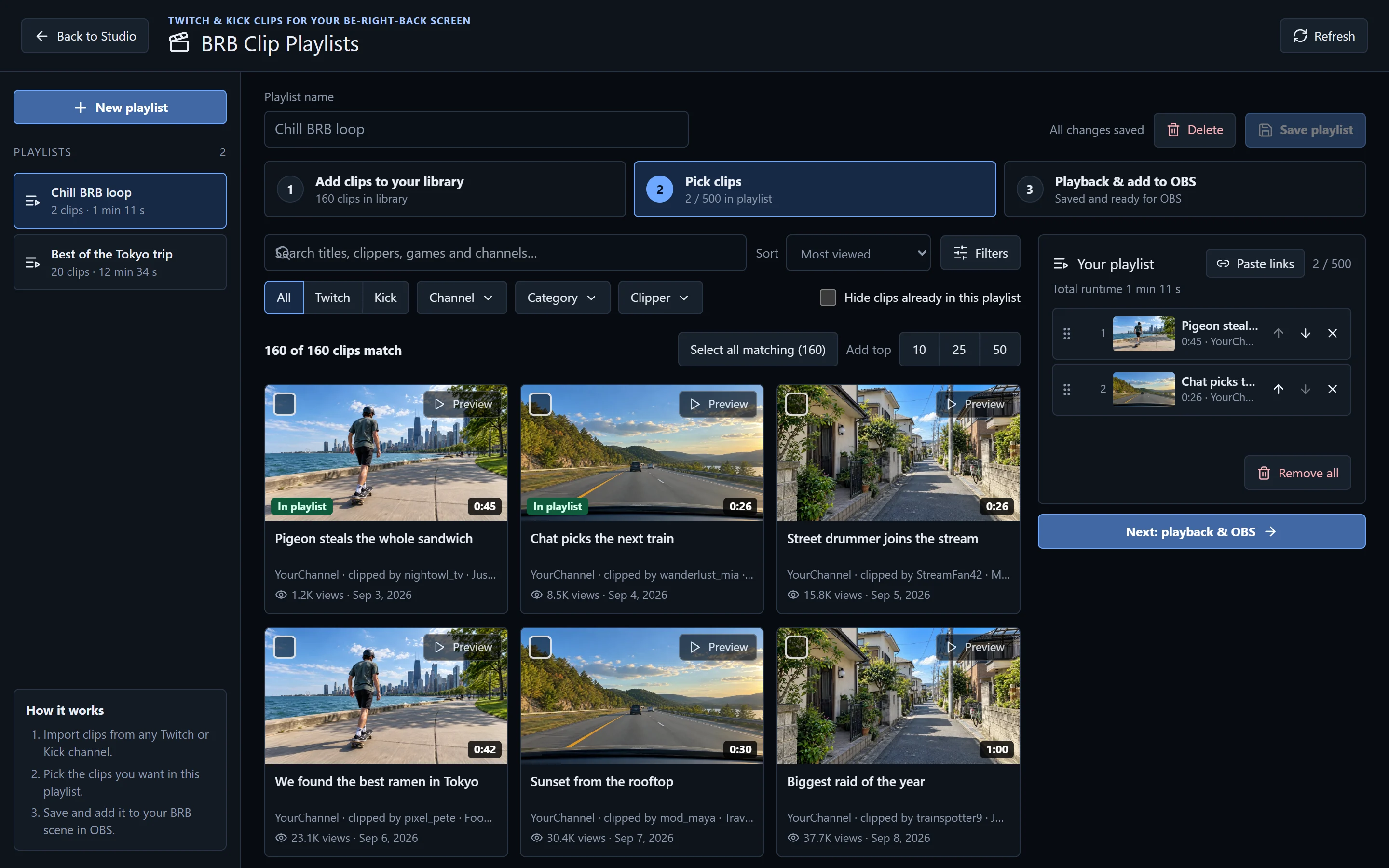 BRB Clip Playlists: a clip library with thumbnails, filters and a playlist on the right