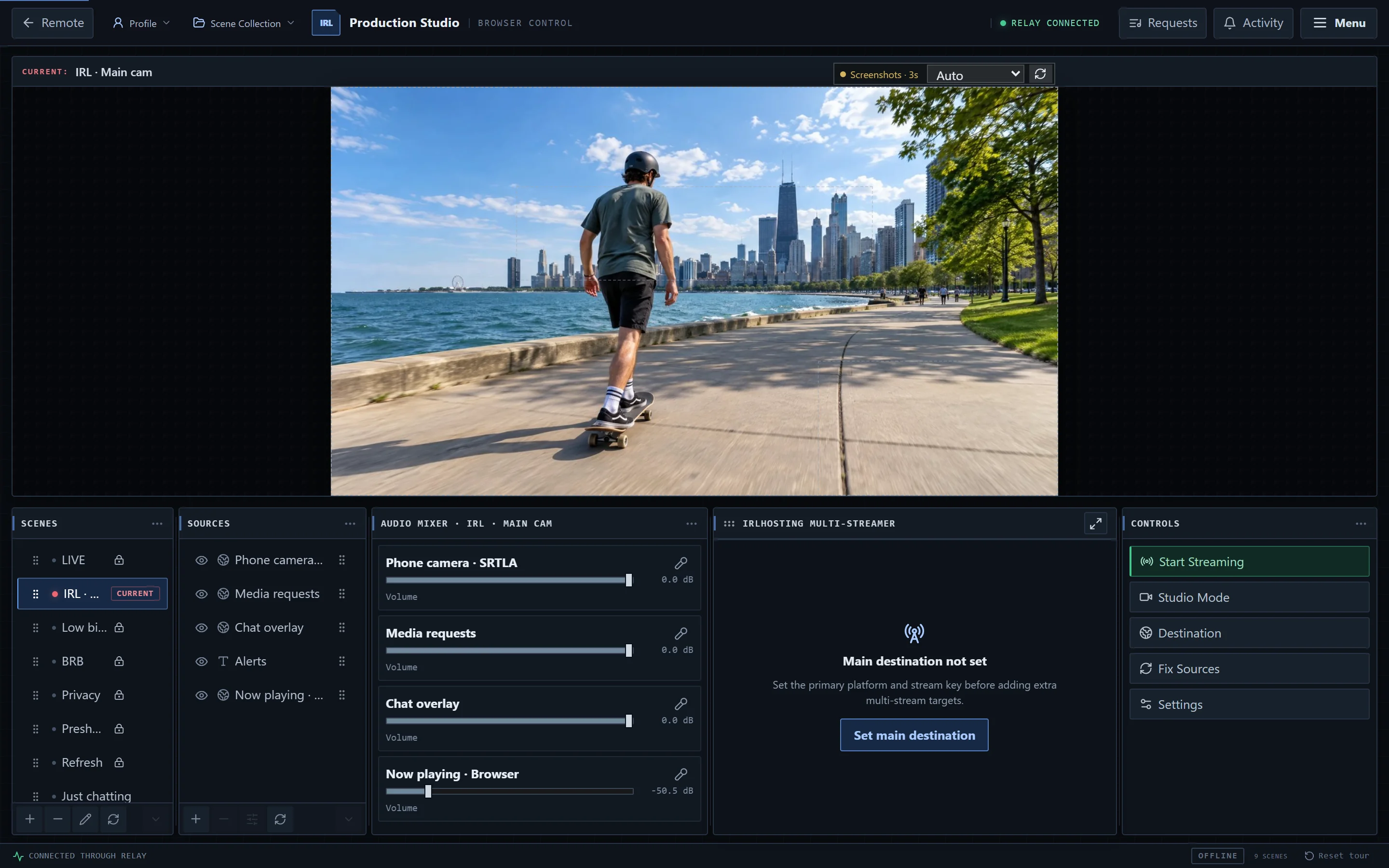 IRLhosting IRLstudio controlling a cloud OBS from the browser: preview, scenes, sources, audio mixer and stream controls