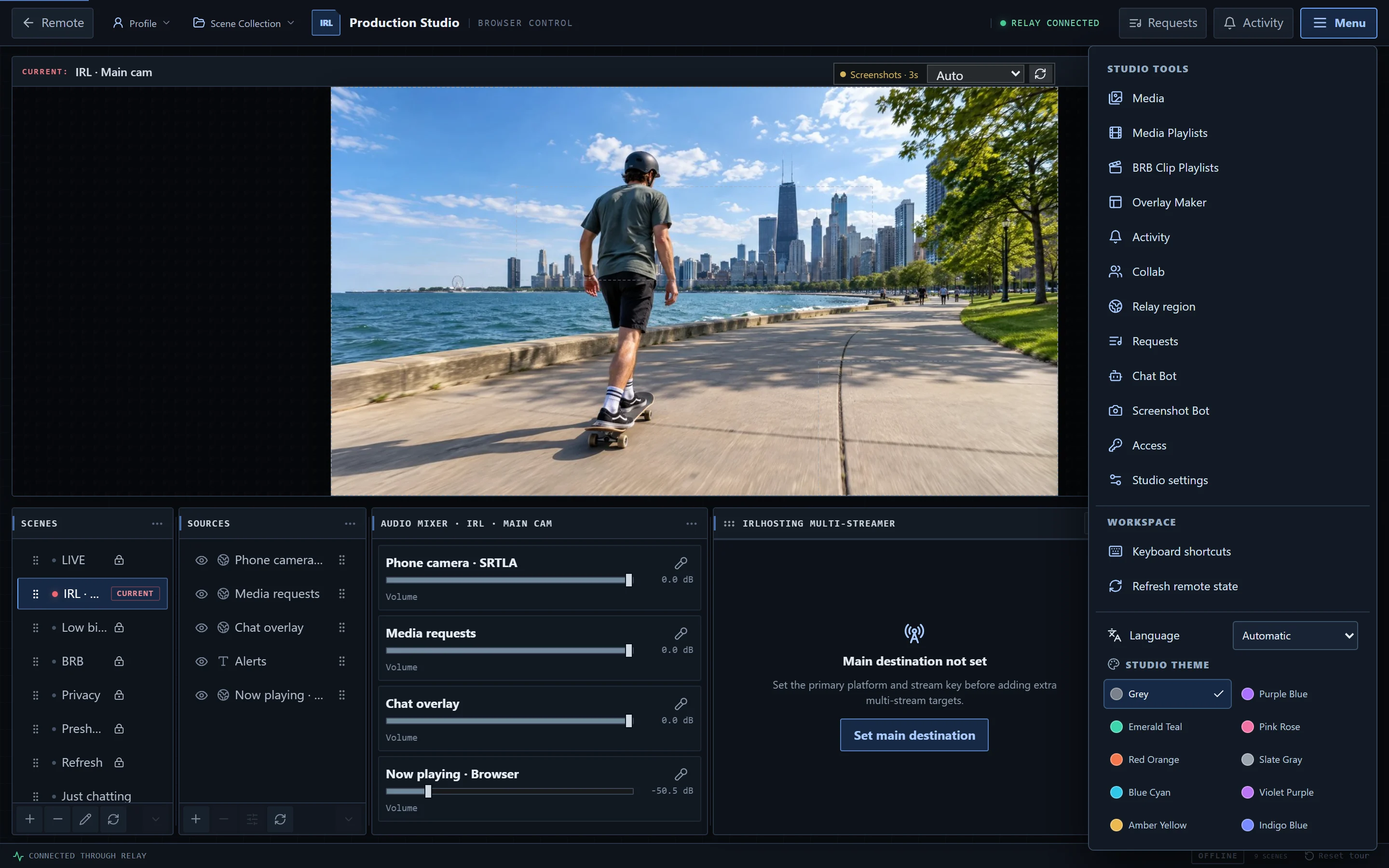 The IRLstudio menu: media, playlists, BRB clips, overlay maker, activity, collab, relay region, requests, screenshot bot, access, settings, languages and themes