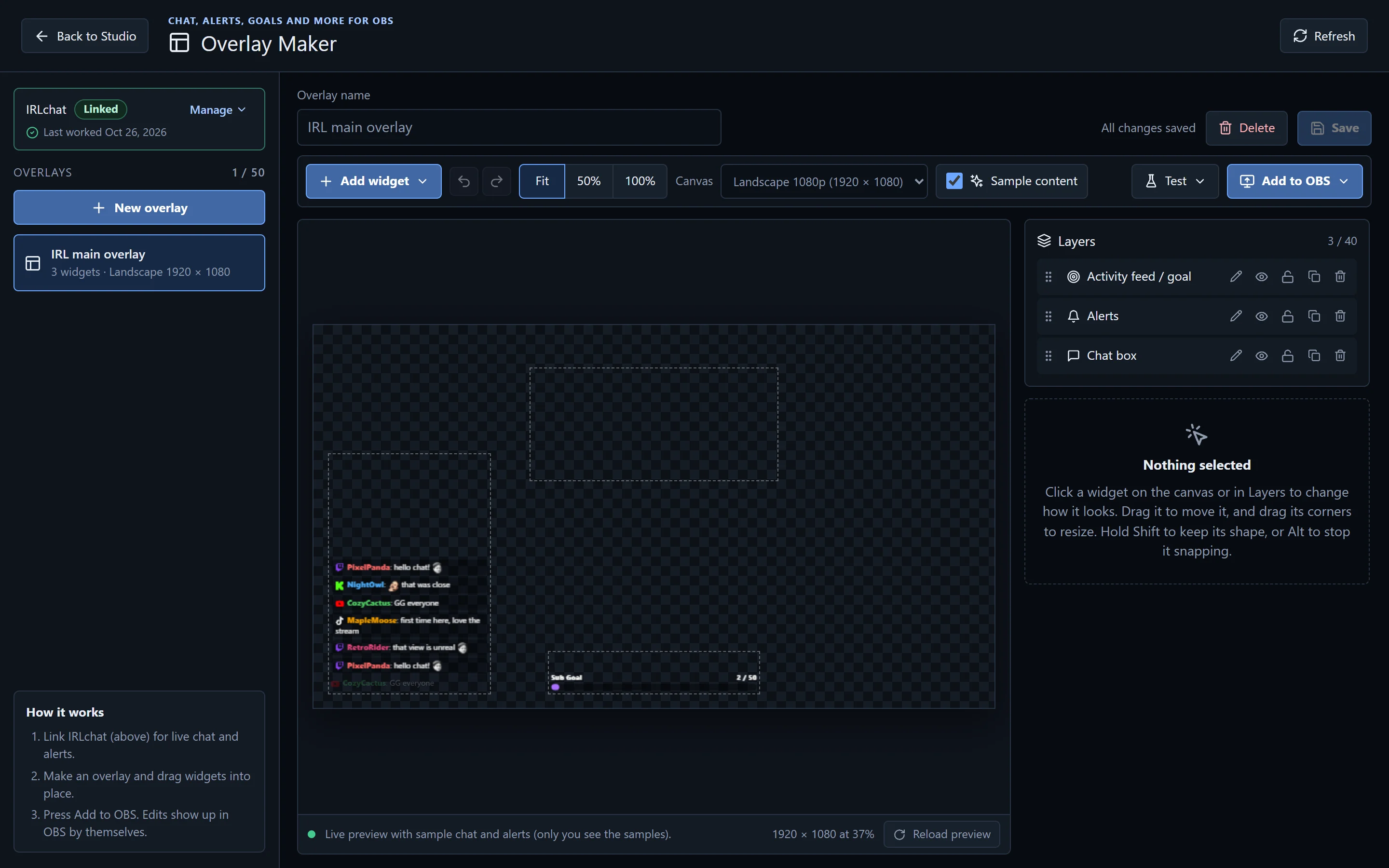 Overlay Maker: an overlay with chat box, alerts and a sub goal on a 1080p canvas, with layers on the right