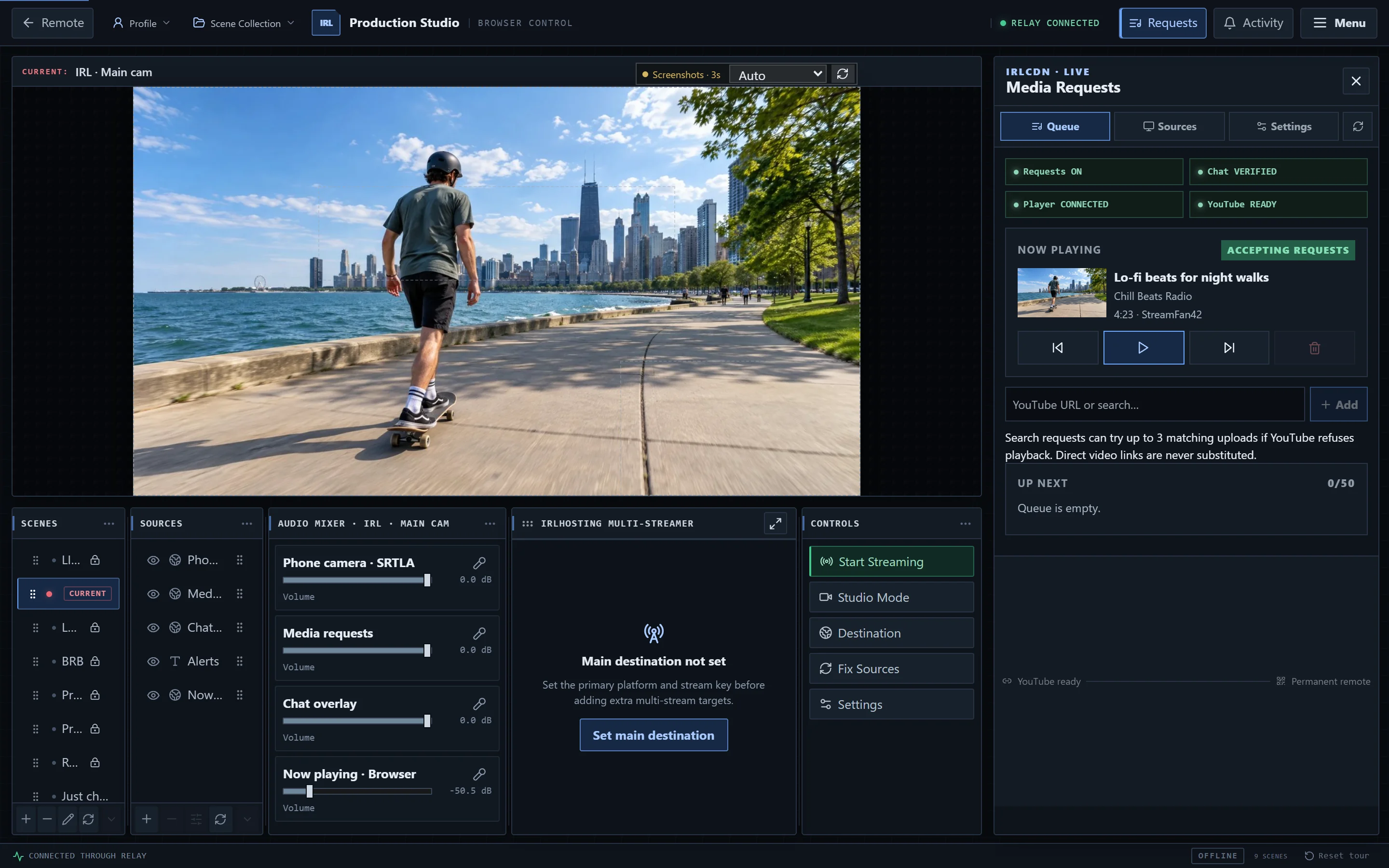IRLstudio with Media Requests open: a now-playing video, queue controls and request status